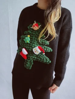 Discount Women's Ugly Sweater Sweaters Crew Neck Ribbed Knit Knitted Fall Winter Outdoor Casual Soft Long Sleeve Tree Black Red Women Pullovers & Tops|Ugly Sweater