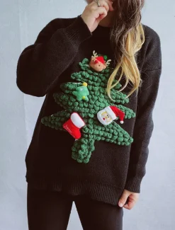 Discount Women's Ugly Sweater Sweaters Crew Neck Ribbed Knit Knitted Fall Winter Outdoor Casual Soft Long Sleeve Tree Black Red Women Pullovers & Tops|Ugly Sweater