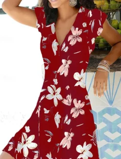 New Women's V Neck Flutter Sleeve Mini Dress Short Sleeve Summer Spring Women Spring Dresses|Floral Dresses