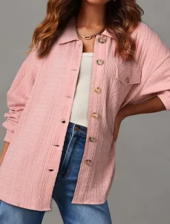 Sale Women's Vacation Button Solid Color Breathable Fashion Loose Fit Outerwear Long Sleeve Spring Pink S Women Blazers & Suits