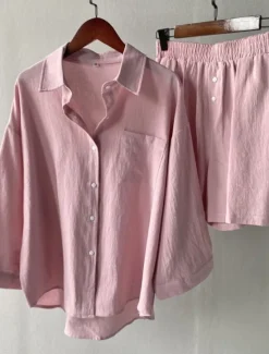 Discount Women's Vacation Fashion Shirt Linen-Inspired Sets Two Piece Sets Beach Shorts Baggy Shorts Short Sleeve Shirt Collar Solid Color Drawstring Daily Wear Date Pink Green Gray Summer Regular Fit Women Sets
