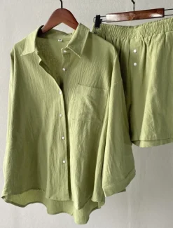 Discount Women's Vacation Fashion Shirt Linen-Inspired Sets Two Piece Sets Beach Shorts Baggy Shorts Short Sleeve Shirt Collar Solid Color Drawstring Daily Wear Date Pink Green Gray Summer Regular Fit Women Sets