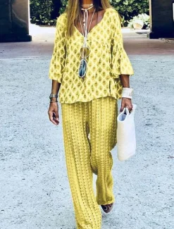 Discount Women's Vacation Fashion T Shirt Trousers Long Sleeve Crew Neck Graphic Patchwork Outdoor Yellow Blue Purple Spring & Fall Regular Fit Women Two Piece Sets