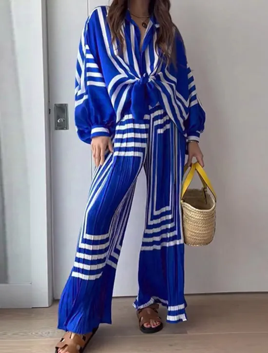 Clearance Women's Vacation Vintage Streetwear Shirt Pants Sets Wide Leg Pants Long Sleeve Lantern Sleeve Shirt Collar Geometric Striped Print Party Work Spring Loose Fit Women Two Piece Sets