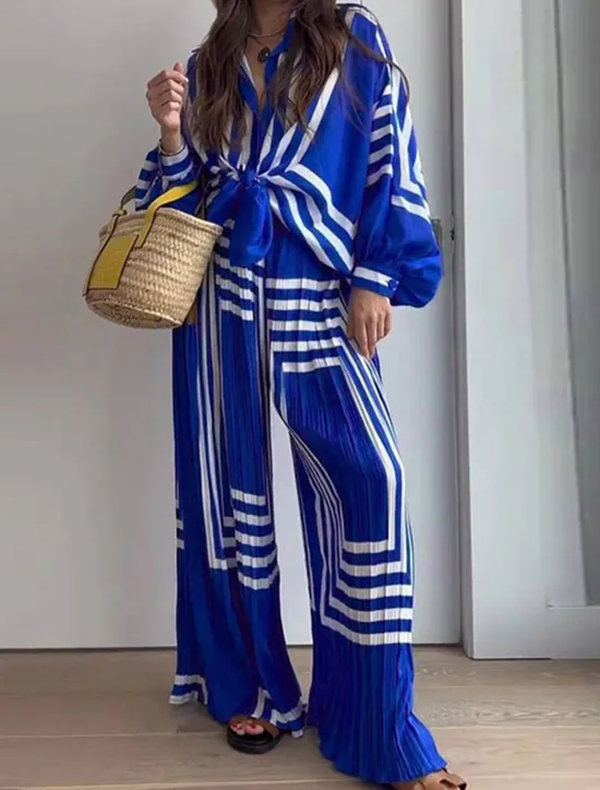 Clearance Women's Vacation Vintage Streetwear Shirt Pants Sets Wide Leg Pants Long Sleeve Lantern Sleeve Shirt Collar Geometric Striped Print Party Work Spring Loose Fit Women Two Piece Sets