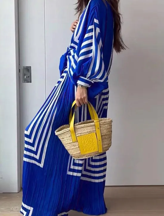 Clearance Women's Vacation Vintage Streetwear Shirt Pants Sets Wide Leg Pants Long Sleeve Lantern Sleeve Shirt Collar Geometric Striped Print Party Work Spring Loose Fit Women Two Piece Sets