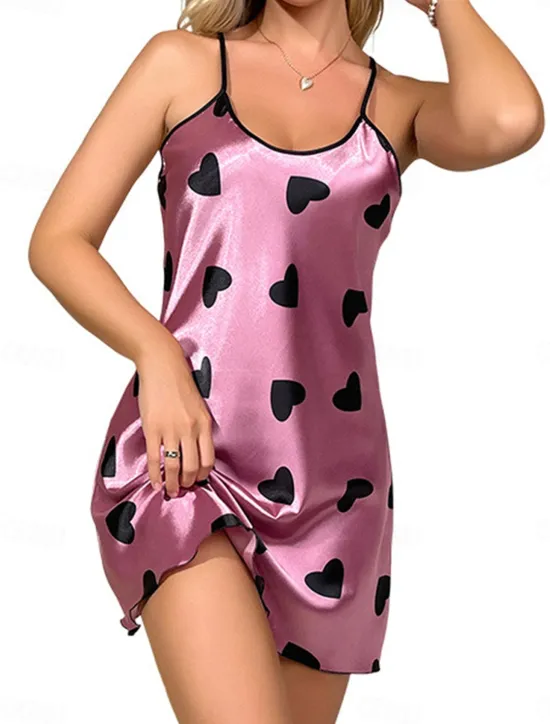 Online Women's Valentine Dress Pajamas Nightgown Heart Fashion Casual Comfort Home Daily Bed Satin Silk Breathable Straps Sleeveless Backless Summer Spring Home Outfits Women Sleepwear