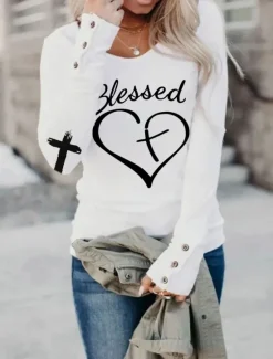 Women's Valentine Funny T Shirt Fashion Heart Letter Regular Tops Long Sleeve Round Neck Print Regular Fit Valentine's Day Weekend Black White Pink Wine Spring & Fall Women T-Shirts