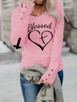 Women's Valentine Funny T Shirt Fashion Heart Letter Regular Tops Long Sleeve Round Neck Print Regular Fit Valentine's Day Weekend Black White Pink Wine Spring & Fall Women T-Shirts