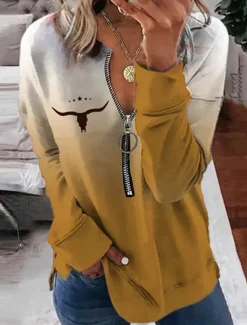 Best Women's Valentine Heart Sweatshirt Pullover Leopard Casual Sports Round Neck Print Quarter Zip Long Sleeve Black White Yellow Orange Green Fall & Winter Women Hoodies & Sweatshirts