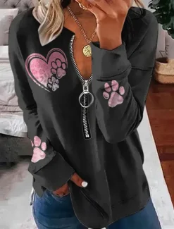 Best Women's Valentine Heart Sweatshirt Pullover Leopard Casual Sports Round Neck Print Quarter Zip Long Sleeve Black White Yellow Orange Green Fall & Winter Women Hoodies & Sweatshirts
