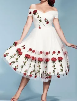 Discount Women's Valentine Lace Dress Vintage Dress Party Dress Mesh Mesh Embroidered Off Shoulder Short Sleeve Floral Midi Dress Wedding Guest Cocktail Party Elegant Vintage Black White Summer Spring Women Cocktail Dress