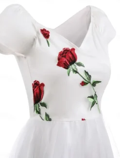 Discount Women's Valentine Lace Dress Vintage Dress Party Dress Mesh Mesh Embroidered Off Shoulder Short Sleeve Floral Midi Dress Wedding Guest Cocktail Party Elegant Vintage Black White Summer Spring Women Cocktail Dress