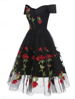 Discount Women's Valentine Lace Dress Vintage Dress Party Dress Mesh Mesh Embroidered Off Shoulder Short Sleeve Floral Midi Dress Wedding Guest Cocktail Party Elegant Vintage Black White Summer Spring Women Cocktail Dress