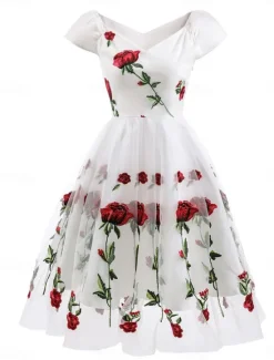 Discount Women's Valentine Lace Dress Vintage Dress Party Dress Mesh Mesh Embroidered Off Shoulder Short Sleeve Floral Midi Dress Wedding Guest Cocktail Party Elegant Vintage Black White Summer Spring Women Cocktail Dress