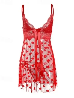 Online Women's Valentine Night Dress Sexy Lingerie Lace Slip Dress Mini Dress Hollow Out Heart V Neck Lounge Home Outfits Date Night Outfit Women Lingerie