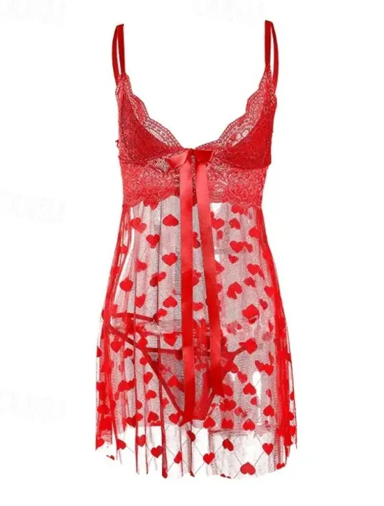Online Women's Valentine Night Dress Sexy Lingerie Lace Slip Dress Mini Dress Hollow Out Heart V Neck Lounge Home Outfits Date Night Outfit Women Lingerie