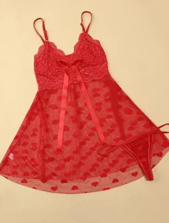 Online Women's Valentine Night Dress Sexy Lingerie Lace Slip Dress Mini Dress Hollow Out Heart V Neck Lounge Home Outfits Date Night Outfit Women Lingerie