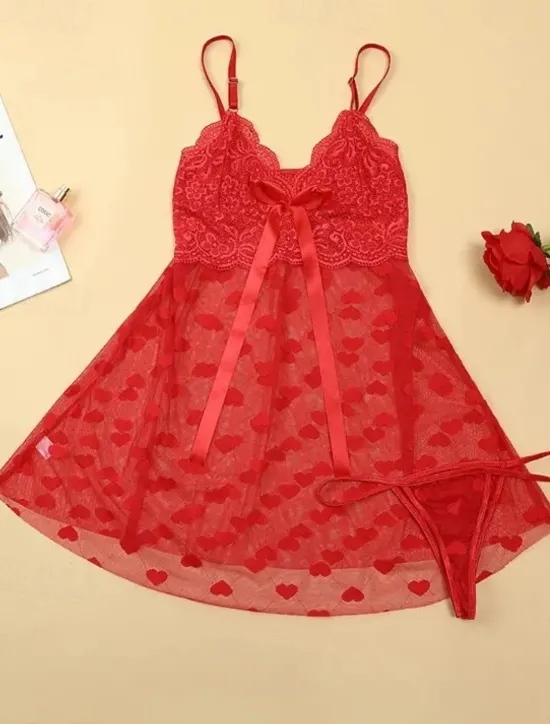 Online Women's Valentine Night Dress Sexy Lingerie Lace Slip Dress Mini Dress Hollow Out Heart V Neck Lounge Home Outfits Date Night Outfit Women Lingerie