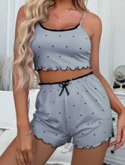 New Women's Valentine Pajama Sets 2 Pieces Dot Print Lettuce Trim Crop Cami Top with Shorts Pj Sets Pink Gray 3 3XL Sping Summer Home Outfits Women Pajama-Setter