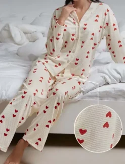 Clearance Women's Valentine Pajama Set Heart Casual Comfort Home Daily Comfort Warm V Neck Long Sleeve Cardigan Pant Button Up Elastic Waist Fall Winter Home Outfits Women Pajama-Setter