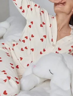 Clearance Women's Valentine Pajama Set Heart Casual Comfort Home Daily Comfort Warm V Neck Long Sleeve Cardigan Pant Button Up Elastic Waist Fall Winter Home Outfits Women Pajama-Setter