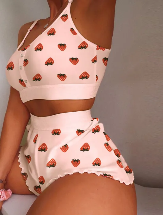 Hot Women's Valentine Pajamas Nighty Pjs Sets 2 Pieces Fruit Lip Hot Soft Sweet Valentine's Day Gyms Crew Neck Crop Top Shorts Summer Spring Home Outfits Women Pajama-Setter