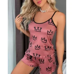 Clearance Women's Valentine Pajamas Sets Heart Fashion Comfort Home Valentine's Day Daily Satin Silk Breathable Straps Sleeveless Strap Top Shorts Backless Elastic Waist Summer Spring Home Outfits Women Pajama-Setter