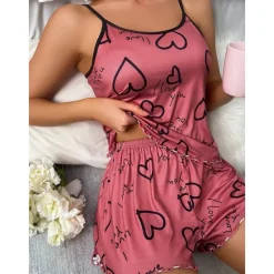 Clearance Women's Valentine Pajamas Sets Heart Fashion Comfort Home Valentine's Day Daily Satin Silk Breathable Straps Sleeveless Strap Top Shorts Backless Elastic Waist Summer Spring Home Outfits Women Pajama-Setter