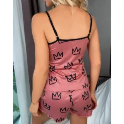 Clearance Women's Valentine Pajamas Sets Heart Fashion Comfort Home Valentine's Day Daily Satin Silk Breathable Straps Sleeveless Strap Top Shorts Backless Elastic Waist Summer Spring Home Outfits Women Pajama-Setter
