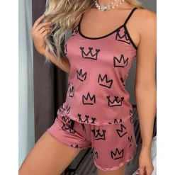 Clearance Women's Valentine Pajamas Sets Heart Fashion Comfort Home Valentine's Day Daily Satin Silk Breathable Straps Sleeveless Strap Top Shorts Backless Elastic Waist Summer Spring Home Outfits Women Pajama-Setter