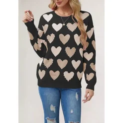 New Women's Valentine Pink Heart Sweater Pullover Elegant Solid Color V Neck Knitted Long Sleeve Regular Tops Knit Fashion Streetwear Outdoor Daily Weekend Black Pink Fall Winter Women Pullovers & Tops
