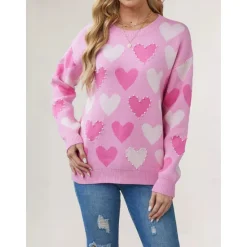 New Women's Valentine Pink Heart Sweater Pullover Elegant Solid Color V Neck Knitted Long Sleeve Regular Tops Knit Fashion Streetwear Outdoor Daily Weekend Black Pink Fall Winter Women Pullovers & Tops