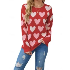 New Women's Valentine Pink Heart Sweater Pullover Elegant Solid Color V Neck Knitted Long Sleeve Regular Tops Knit Fashion Streetwear Outdoor Daily Weekend Black Pink Fall Winter Women Pullovers & Tops