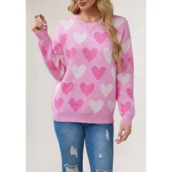 New Women's Valentine Pink Heart Sweater Pullover Elegant Solid Color V Neck Knitted Long Sleeve Regular Tops Knit Fashion Streetwear Outdoor Daily Weekend Black Pink Fall Winter Women Pullovers & Tops