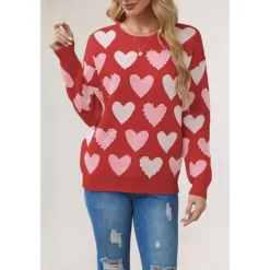 New Women's Valentine Pink Heart Sweater Pullover Elegant Solid Color V Neck Knitted Long Sleeve Regular Tops Knit Fashion Streetwear Outdoor Daily Weekend Black Pink Fall Winter Women Pullovers & Tops