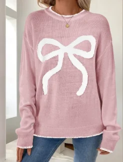 Sale Women's Valentine Pink Sweater Casual Soft Graphic Ribbed Crew Neck Knitted Long Sleeve Regular Tops Knit Outdoor Daily Weekend Black White Fall Winter Women Pullovers & Tops
