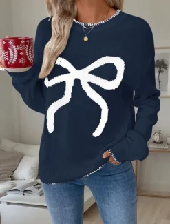 Sale Women's Valentine Pink Sweater Casual Soft Graphic Ribbed Crew Neck Knitted Long Sleeve Regular Tops Knit Outdoor Daily Weekend Black White Fall Winter Women Pullovers & Tops