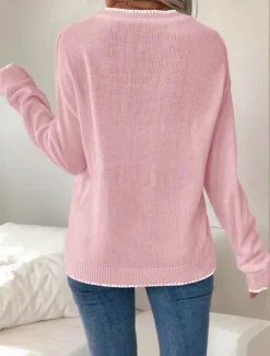 Sale Women's Valentine Pink Sweater Casual Soft Graphic Ribbed Crew Neck Knitted Long Sleeve Regular Tops Knit Outdoor Daily Weekend Black White Fall Winter Women Pullovers & Tops