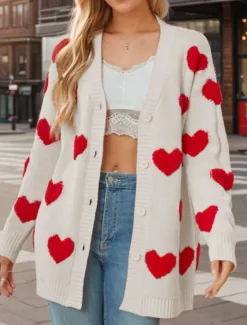Discount Women's Valentine Pink Sweater Cardigan Casual Soft Heart Ribbed V Neck Buttons Knitted Long Sleeve Regular Tops Knit Outdoor Daily Weekend Black White Fall Winter Women Cardigans & Outerwears