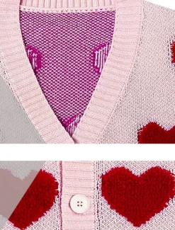 Discount Women's Valentine Pink Sweater Cardigan Casual Soft Heart Ribbed V Neck Buttons Knitted Long Sleeve Regular Tops Knit Outdoor Daily Weekend Black White Fall Winter Women Cardigans & Outerwears