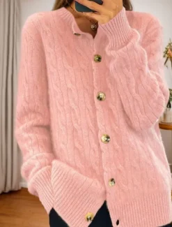Discount Women's Valentine Pink Sweater Cardigan Sweater Jacket Crew Neck Cable Knit Button Knitted Spring Fall Daily Vintage Daily Soft Long Sleeve Pure Color White Pink Women Cardigans & Outerwears