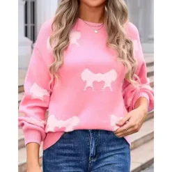 New Women's Valentine Pink Sweater Pullover Elegant Color Block Crew Neck Knitted Long Sleeve Regular Tops Knit Fashion Streetwear Outdoor Daily Weekend Pink Red Fall Winter Women Pullovers & Tops