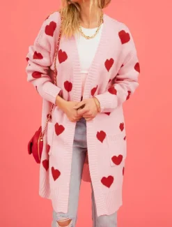 Discount Women's Valentine Pink Sweater Cardigan Elegant Fashion Streetwear Heart V Neck Pocket Knitted Long Sleeve Long Tops Knit Outdoor Daily Weekend Black Pink Fall Winter Women Cardigans & Outerwears