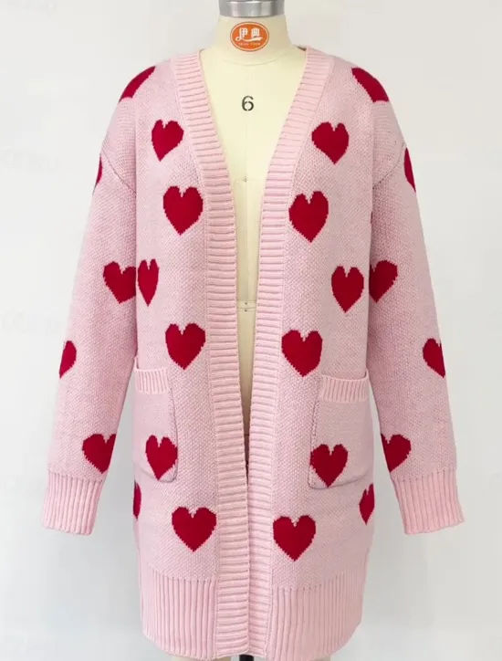 Discount Women's Valentine Pink Sweater Cardigan Elegant Fashion Streetwear Heart V Neck Pocket Knitted Long Sleeve Long Tops Knit Outdoor Daily Weekend Black Pink Fall Winter Women Cardigans & Outerwears