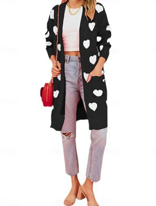Discount Women's Valentine Pink Sweater Cardigan Elegant Fashion Streetwear Heart V Neck Pocket Knitted Long Sleeve Long Tops Knit Outdoor Daily Weekend Black Pink Fall Winter Women Cardigans & Outerwears