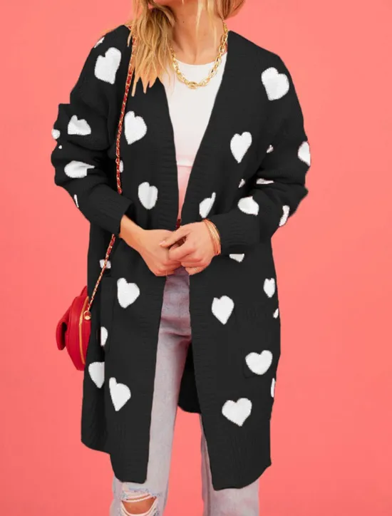 Discount Women's Valentine Pink Sweater Cardigan Elegant Fashion Streetwear Heart V Neck Pocket Knitted Long Sleeve Long Tops Knit Outdoor Daily Weekend Black Pink Fall Winter Women Cardigans & Outerwears