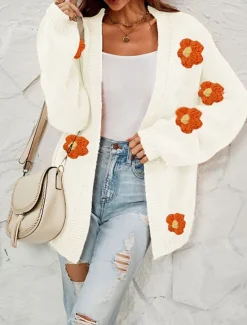 Sale Women's Valentine Pink Sweater Cardigan Elegant Off Shoulder Knitted Petal Sleeve Long Sleeve Regular Tops Knit Outdoor Daily Weekend Fashion Streetwear Black White Fall Winter Women Cardigans & Outerwears