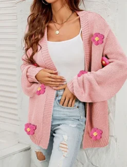 Sale Women's Valentine Pink Sweater Cardigan Elegant Off Shoulder Knitted Petal Sleeve Long Sleeve Regular Tops Knit Outdoor Daily Weekend Fashion Streetwear Black White Fall Winter Women Cardigans & Outerwears