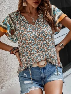 Online Women's Valentine Shirt Blouse Bohemia Retro Vintage Floral Regular Tops Short Sleeve V Neck Print Regular Fit Daily Casual Red Beige Summer Spring Fall Women Blouses & Shirts